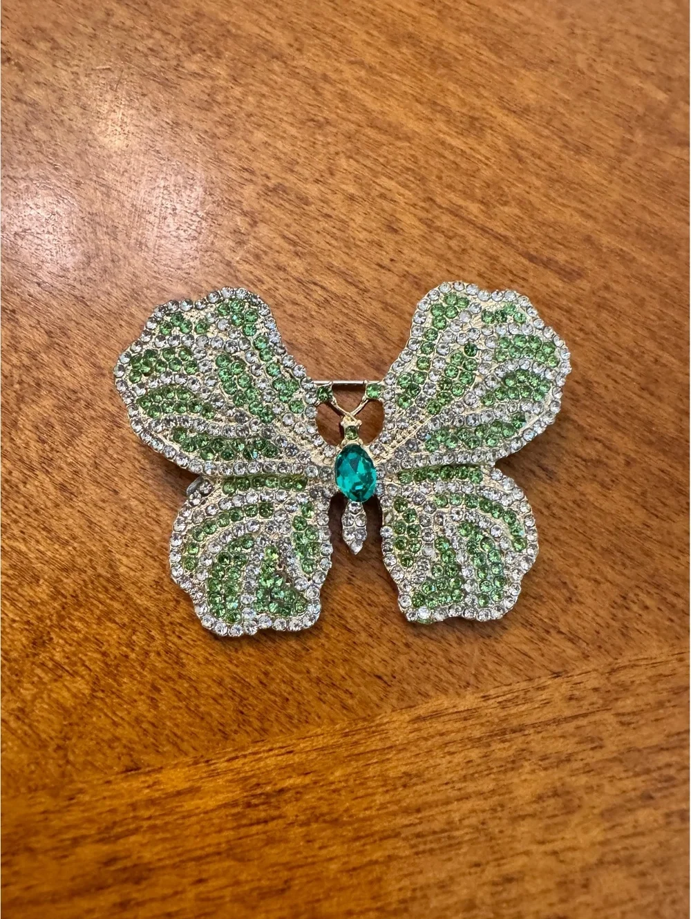 Butterfly Shaped Green and Clear Rhinestone Brooch Pin 303